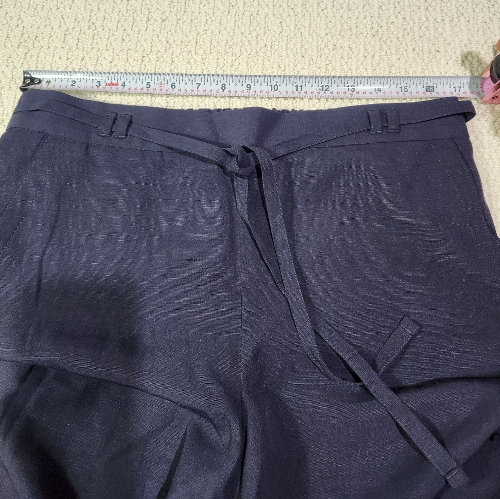 Talbots Linen Blend Wide Leg Navy Dress‎ Pant Pull On Elastic Waist Belted LG - Picture 8 of 10